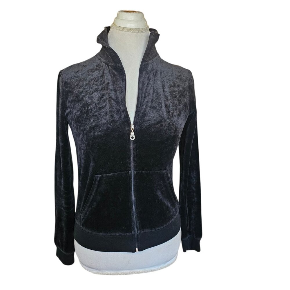 Y2K Black Velour Jacket Fitted Zip Front Pickets Juniors‎ Sz S Athleisure VTG